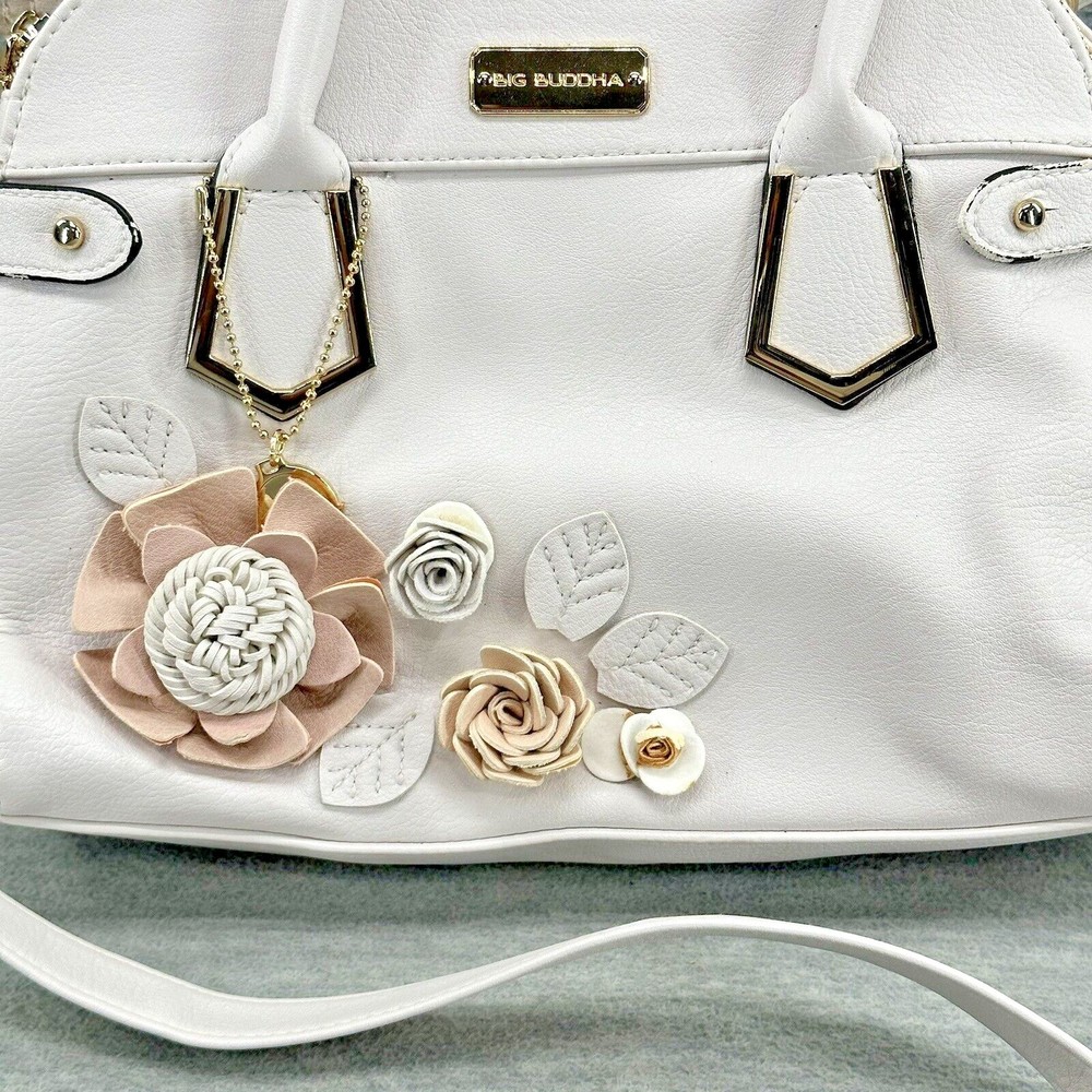 Big Buddha 3-D Flowers Appliqué Barrel Handbag Purse Satchel White (PU) - Picture 3 of 14